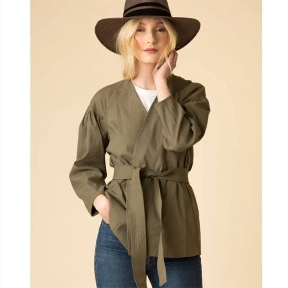 A.L.C. Kendrick Linen Blend Belted Kimono PuffJacket Olive Green Sz O